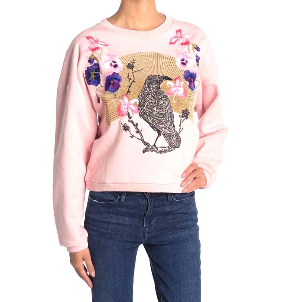 7 For All Mankind Womens S Pink Raven Embroidered Crew Neck Sweatshirt
